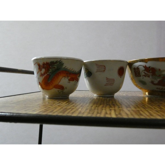 Vintage Dragonware Bowl with Four Dragonware Tea Cups - Picture 3 of 8